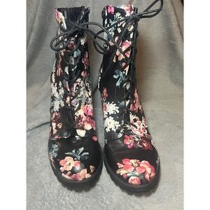 Lane Floral Lace Up Ankle Boots Block‎ Heel  Black Womens Boho Stevie Nicks 11